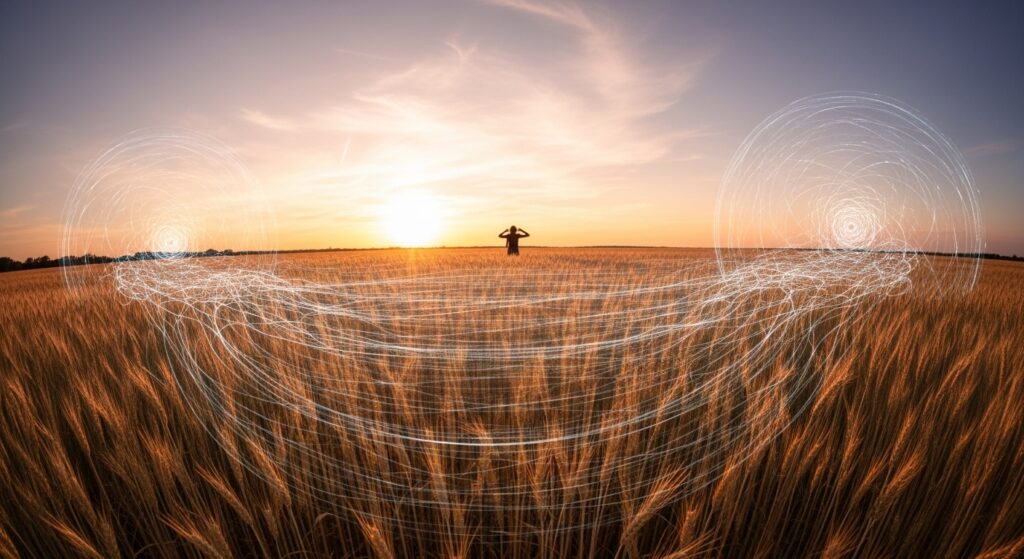 Personne dans un champ de blé au coucher du soleil, entourée de cercles lumineux symbolisant la phénoménologie et la mémoire invisible