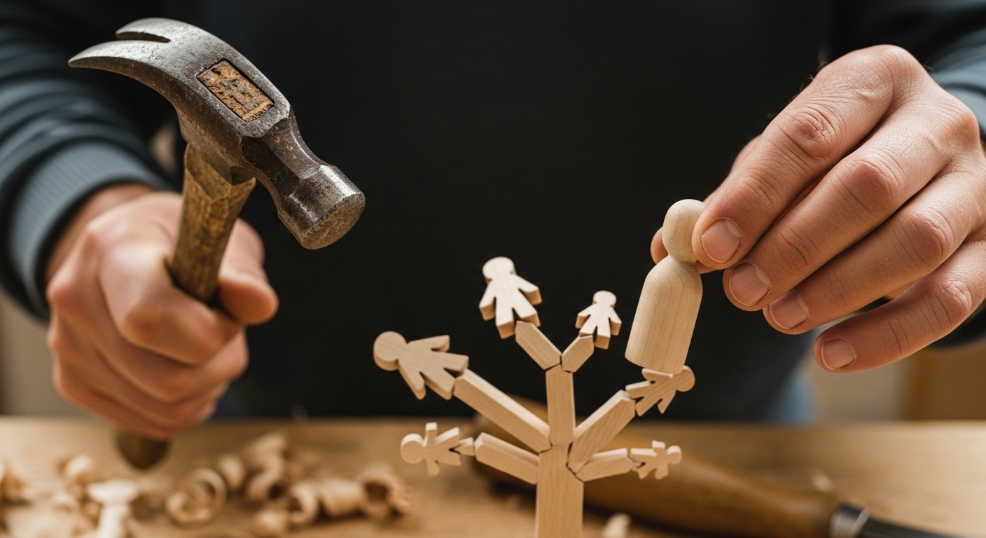 Main tenant une figurine en bois au-dessus d’un arbre généalogique sculpté, symbolisant les constellations familiales et la mémoire invisible