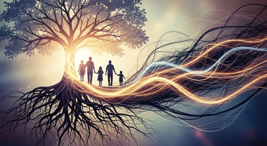 Silhouettes familiales reliées aux racines d’un arbre de vie, représentant l’héritage invisible et les égrégores familiaux