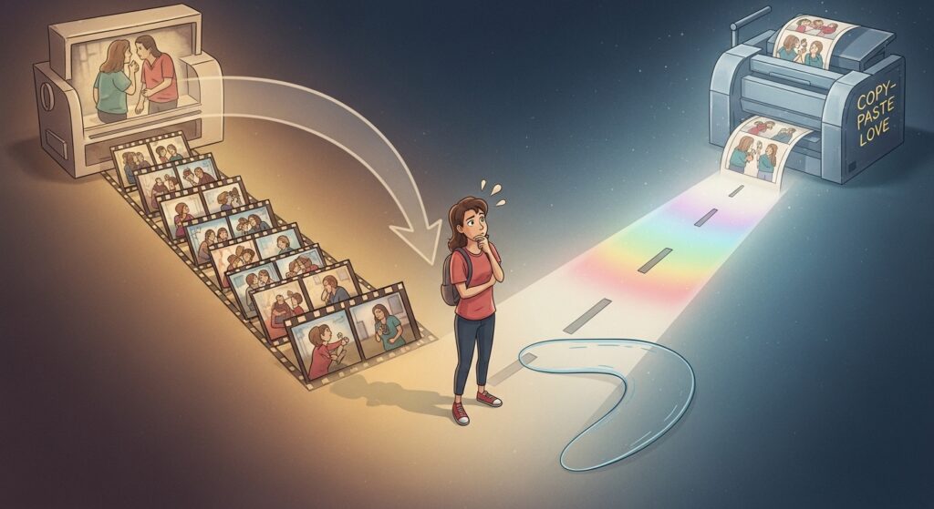 Jeune femme observant la répétition des schémas amoureux hérités, représentés comme un copier-coller relationnel