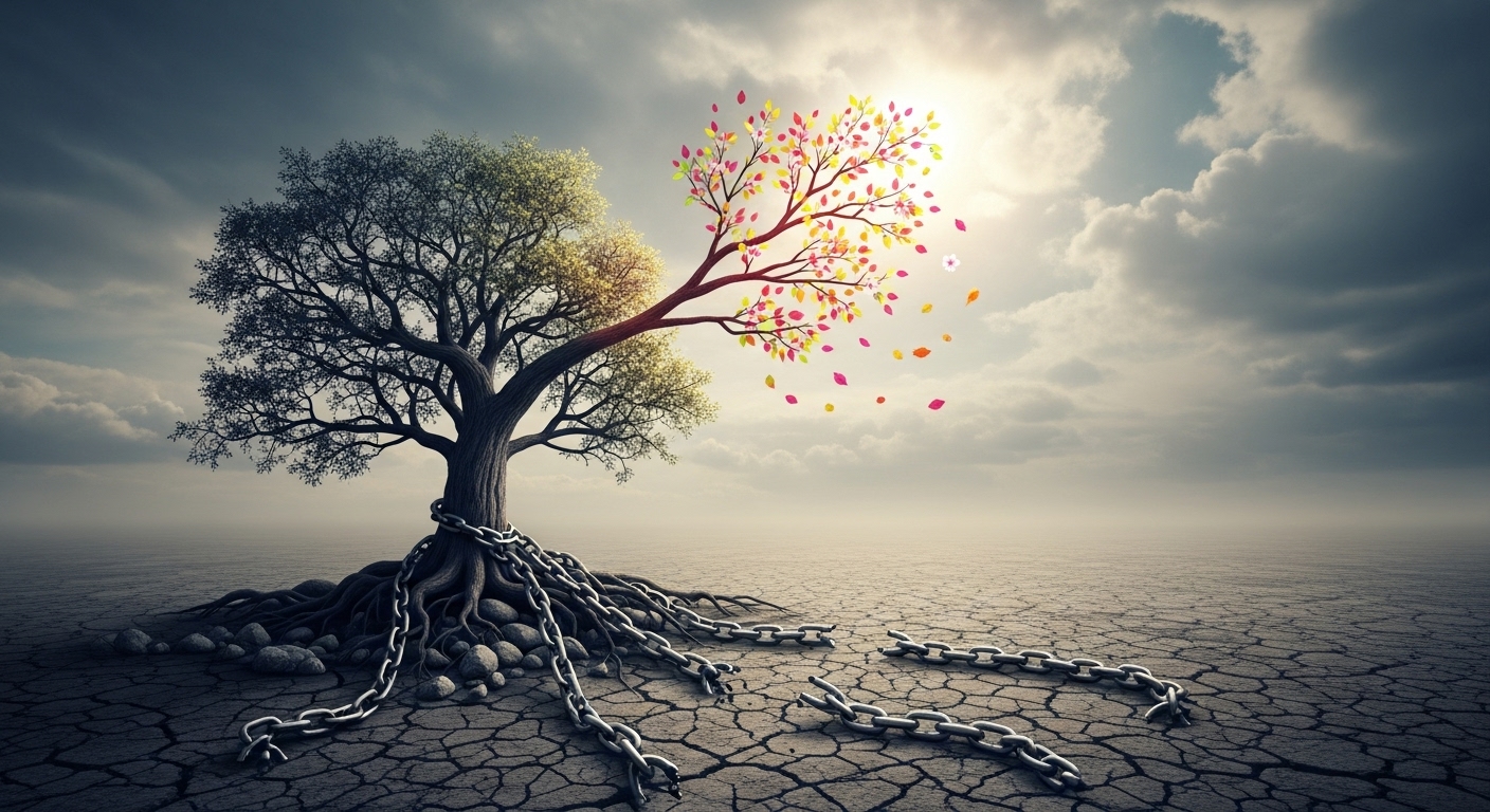 Arbre libéré de ses chaînes, symbolisant la transformation de victime à créateur et la libération de l’héritage familial